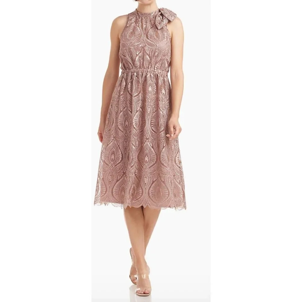 JS Collection dress women 8 beige latter‎ halter midi lace embroidered party NWT